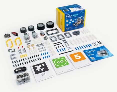 Quarky Intellio Rover Kit parts — chassis, motors, wheels, AR marker cards and getting-started guide