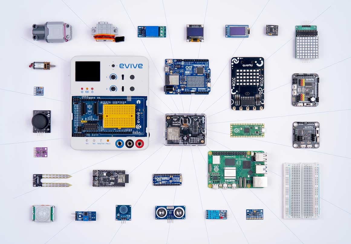 Boards, sensors and motors compatible with Quarky Intellio, including evive, Arduino, Raspberry Pi, and various sensor modules