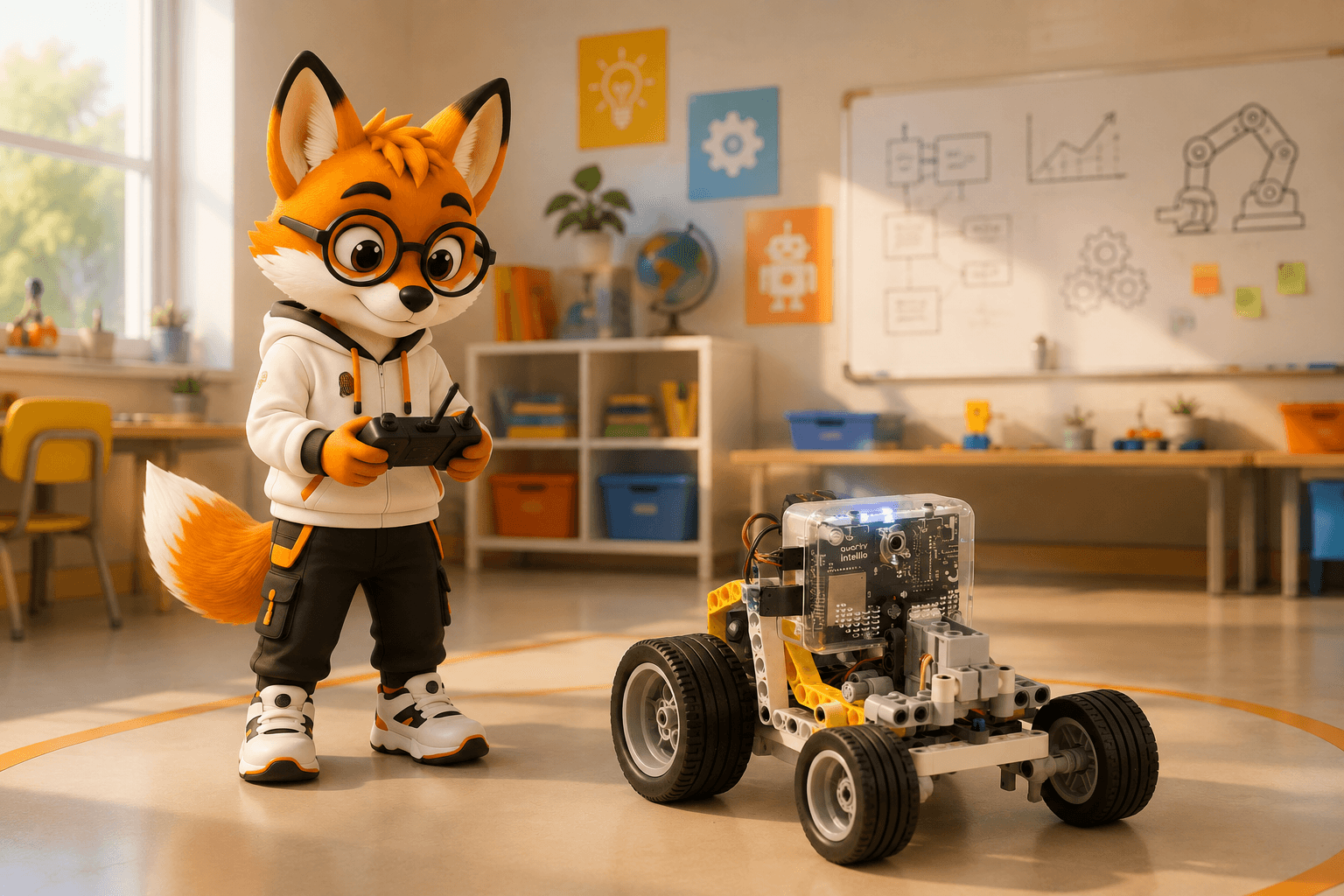Intello the fox mascot piloting the Intellio rover in a classroom
