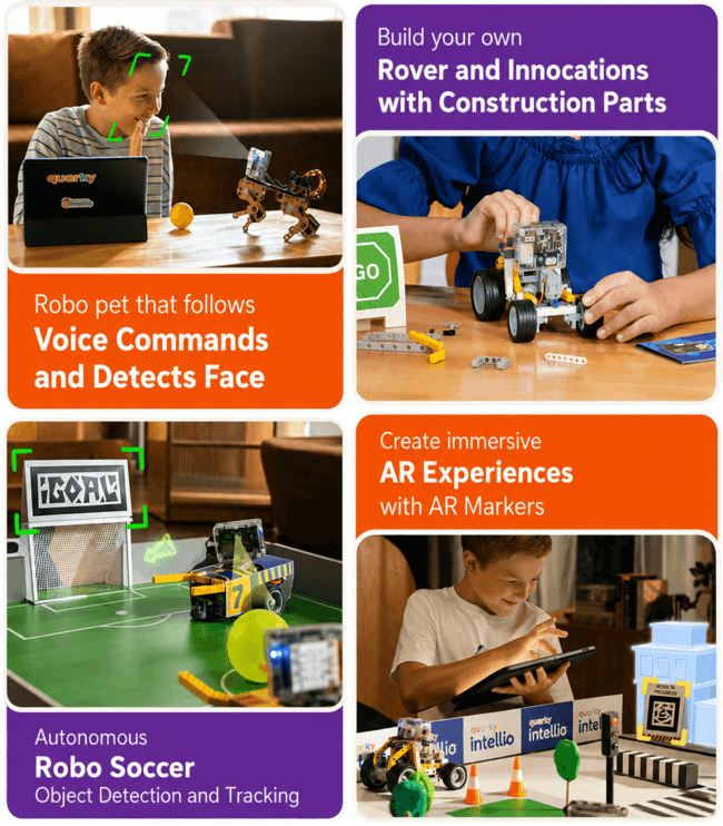 Collage of Quarky Intellio projects: a robo pet following voice commands, autonomous robo soccer, rover building, and AR experiences
