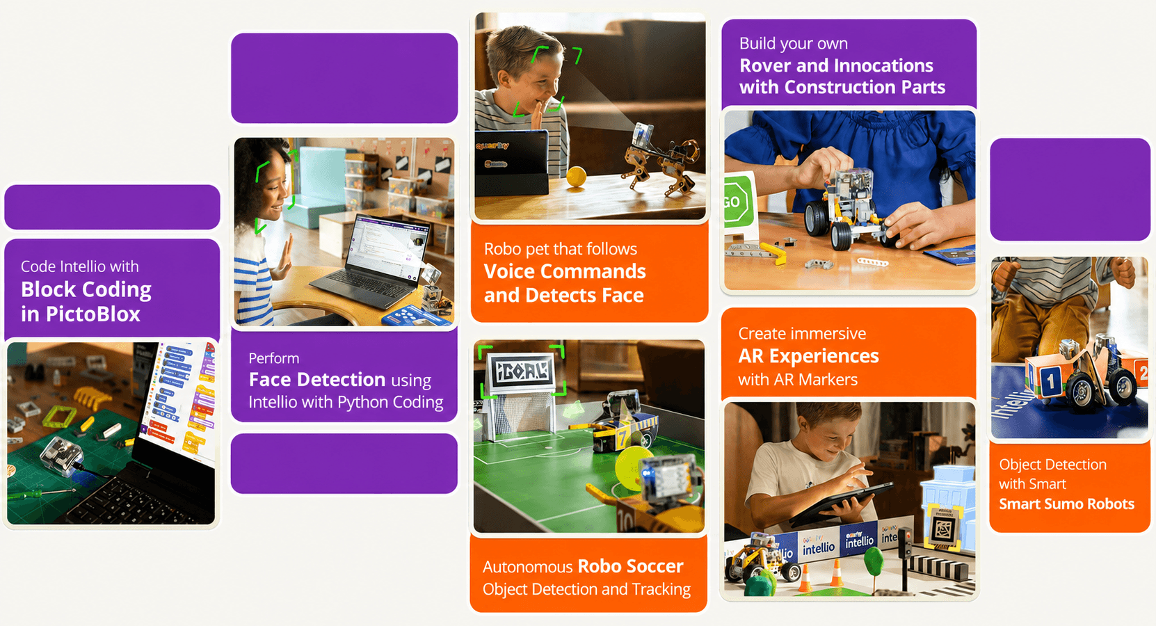 Collage of Quarky Intellio projects: block coding, face detection, a robo pet following voice commands, autonomous robo soccer, rover building, AR experiences, and smart sumo robots