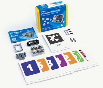 Quarky Intellio Discovery Kit parts — module, sensors, AR marker cards and getting-started guide